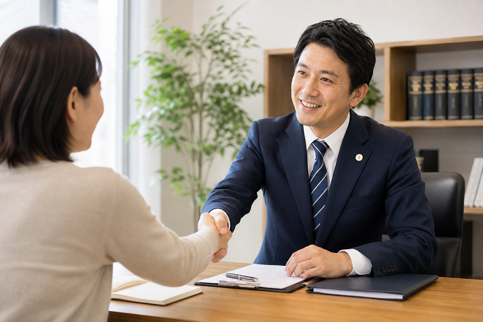 相談者と握手して対応する司法書士