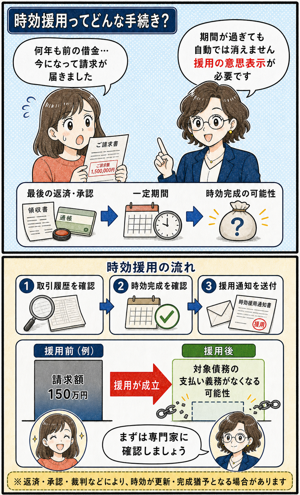 時効援用の条件、手続きの流れと成立後のイメージを示す図解