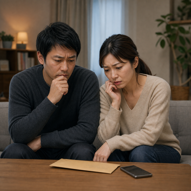 郵送物を前に心配する夫婦のイメージ